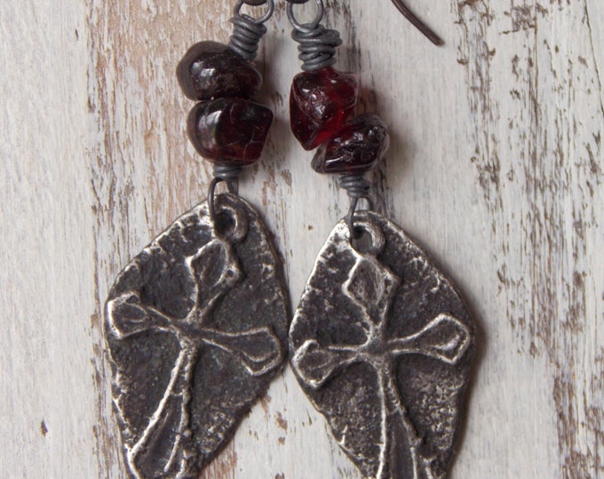 Rustic Cross Earrings Garnet Gemstone Artisan Pewter Cross Dangle Earrings Sterling Silver Spiritual Earrings Religious Birthstone Jewelry