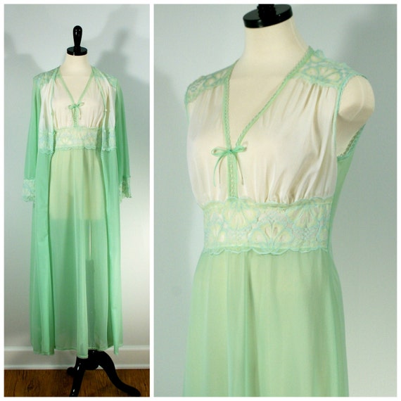 Vintage Peignoir Set Celery Green Lace Nightgown and Robe by