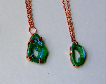 The Envy Two - Titanium Coated Agate Geode Druzy Green Pendant in Copper Prong Setting