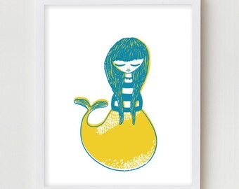 Mermaid Illustration Art Print Nautical Art Girls Bedroom Wall Art Illustration Yellow Pink Blue And Green Mermaid Prints Art Nautical Print