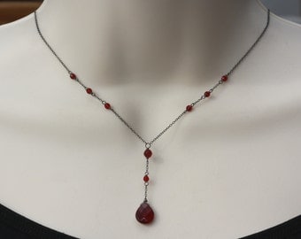 Delicate Garnet Necklace, Birthday gift for Wife, Retro, Vintage Style, Downton Abbey, Goth, Oxidizes Silver, for Sister, for Girlfriend