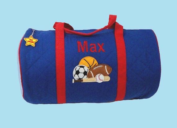 Child's Monogrammed Stephen Joseph SPORTS Themed Blue Duffle Bag