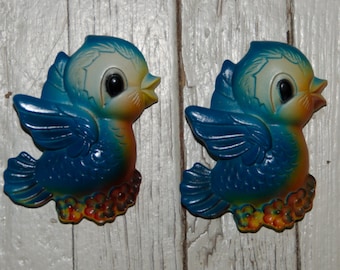 Vintage Pair of Chalkware Blue Bird Wall Plaques