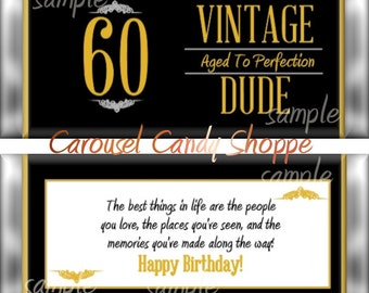 Vintage Dude 60th Birthday Party Favors Hershey's Candy Bar Wrappers - Instant Download DIY Printable