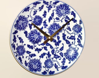 Navy Blue Floral Wall Clock 8-1/4 inches SILENT - Porcelain Plate Wall Clock - Kitchen Clock - Unique Wall Clock - 2337