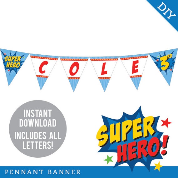 INSTANT DOWNLOAD Superhero Party - DIY printable pennant banner - Includes all letters, plus ages 1-18 Il_570xn