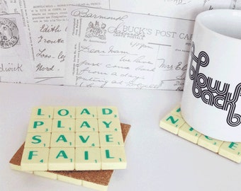 Load Play, Save Fail Coaster, Upcycled Scrabble Tiles, Geeky Gaming Quotes, Cork Backing, Desk Accessories