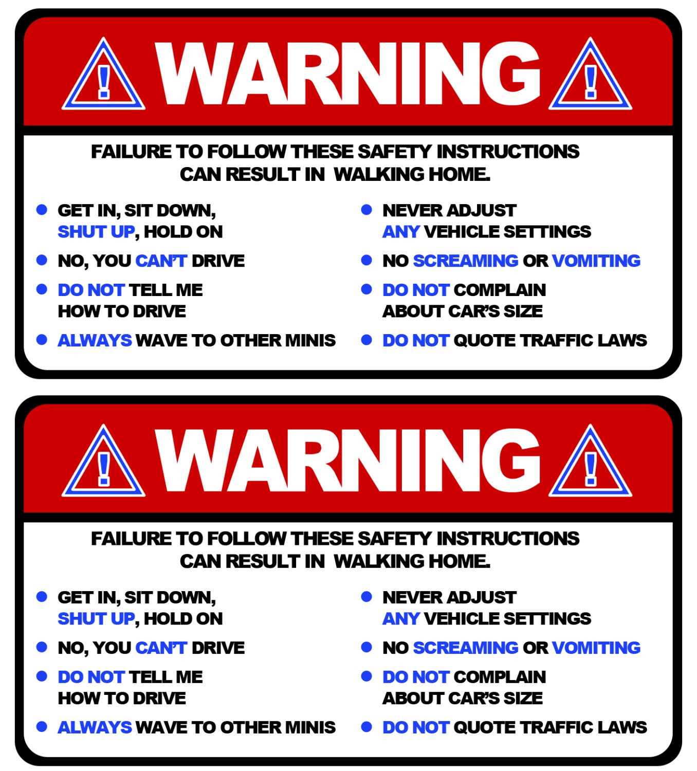 Visor stickers Set Small Funny Safety Instructions for