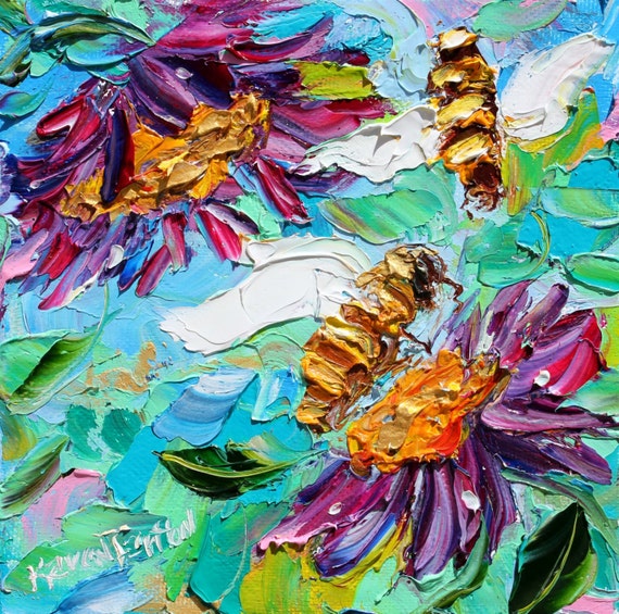 Original oil painting Bee Happy 6x6 palette knife