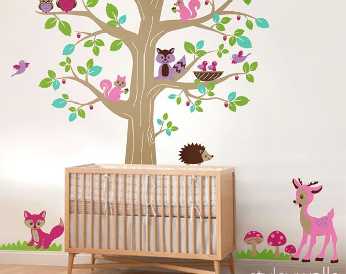 Woodland Animals and Tree Wall Decal, Forest Animals Tree Wall Decal, Deer Bambi Owls Hedgehog Squirrels Fox Wall Decal Nursery Baby Room