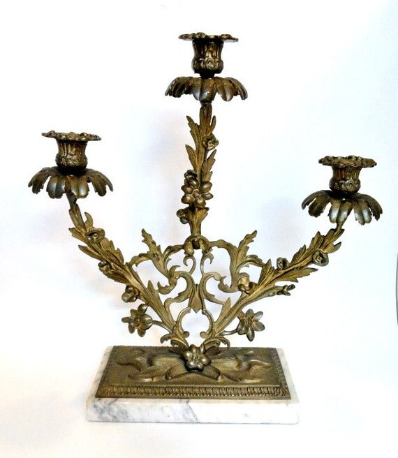 Tall 3 arm French Style Ornate Brass Candelabra on Marble