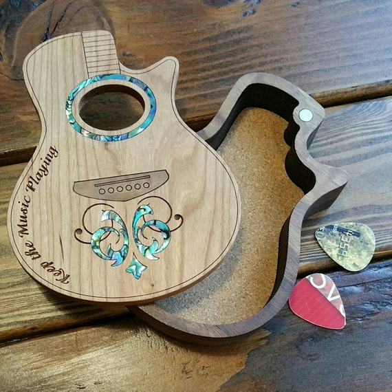 Guitar Pick Box inlaid custom wood acoustic guitar by iTagStudios