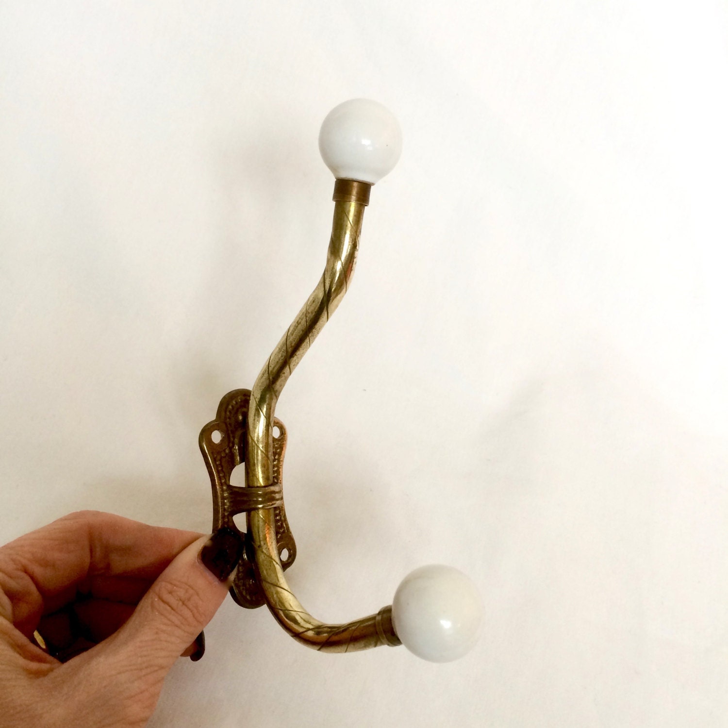 Vintage Brass Double Coat Hook / Wall Hook with Ceramic ball ends / 4