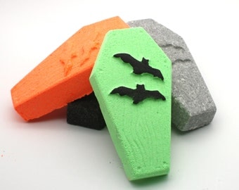 Coffin with Bats Bath Bomb - bath bombs, bath fizzy, bath fizzies, halloween bath bomb, casket, grave, spooky, party favor, trick or treat