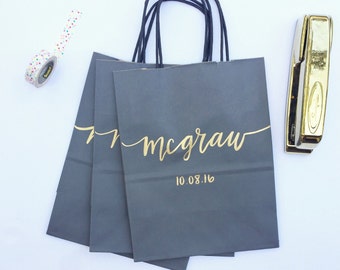 Custom gift bags + Gray gift bags + Wedding gift bags + Bridal shower gift bag + Bachelorette Party bags + Welcome Bags / Handwritten