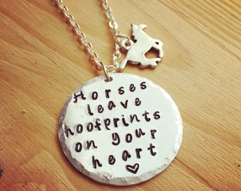 Horse necklace-horse jewelry-hand stamped jewelry-hand stamped gift-gift for horse lover-horses leave hoofprints on your heart