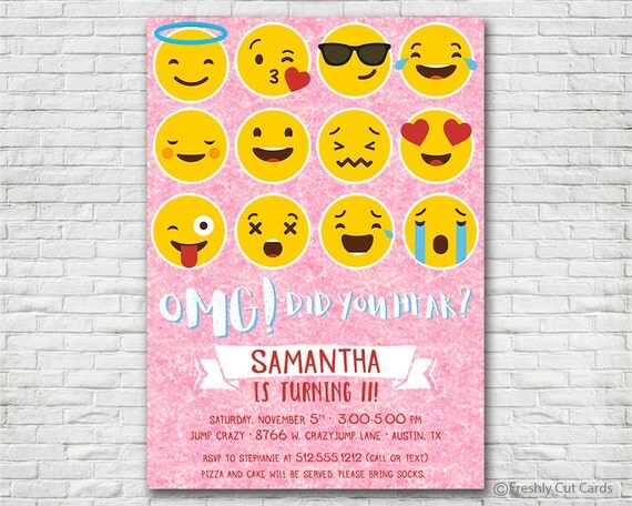 Pink Sparkles Emoji Invitation - Printable or Printed (w/ FREE Envelopes) Il_570xn