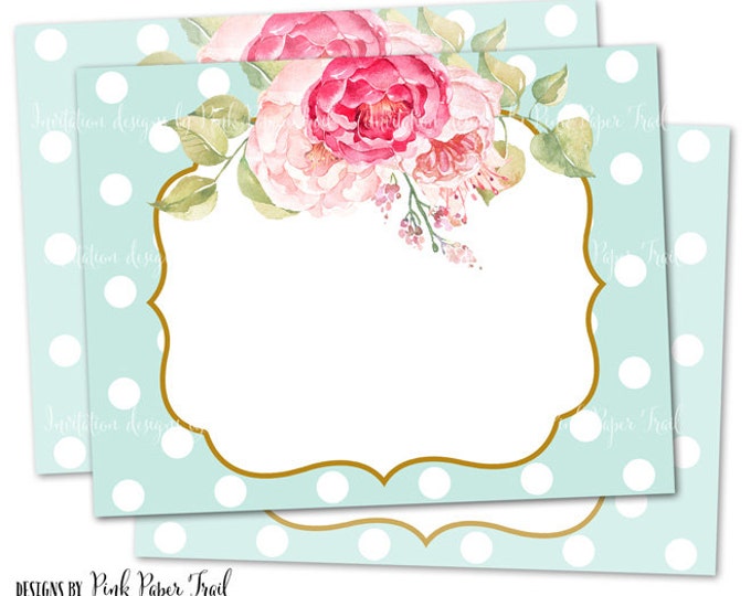Sweet and Dainty Shabby Chic Flowers and Polka Dot Blank Card, Instant Download, Print Your Own