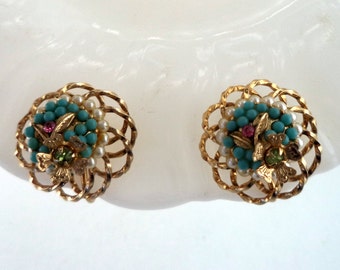 Signed Vendome Pearl Turquoise Rhinestone Earrings Clip On
