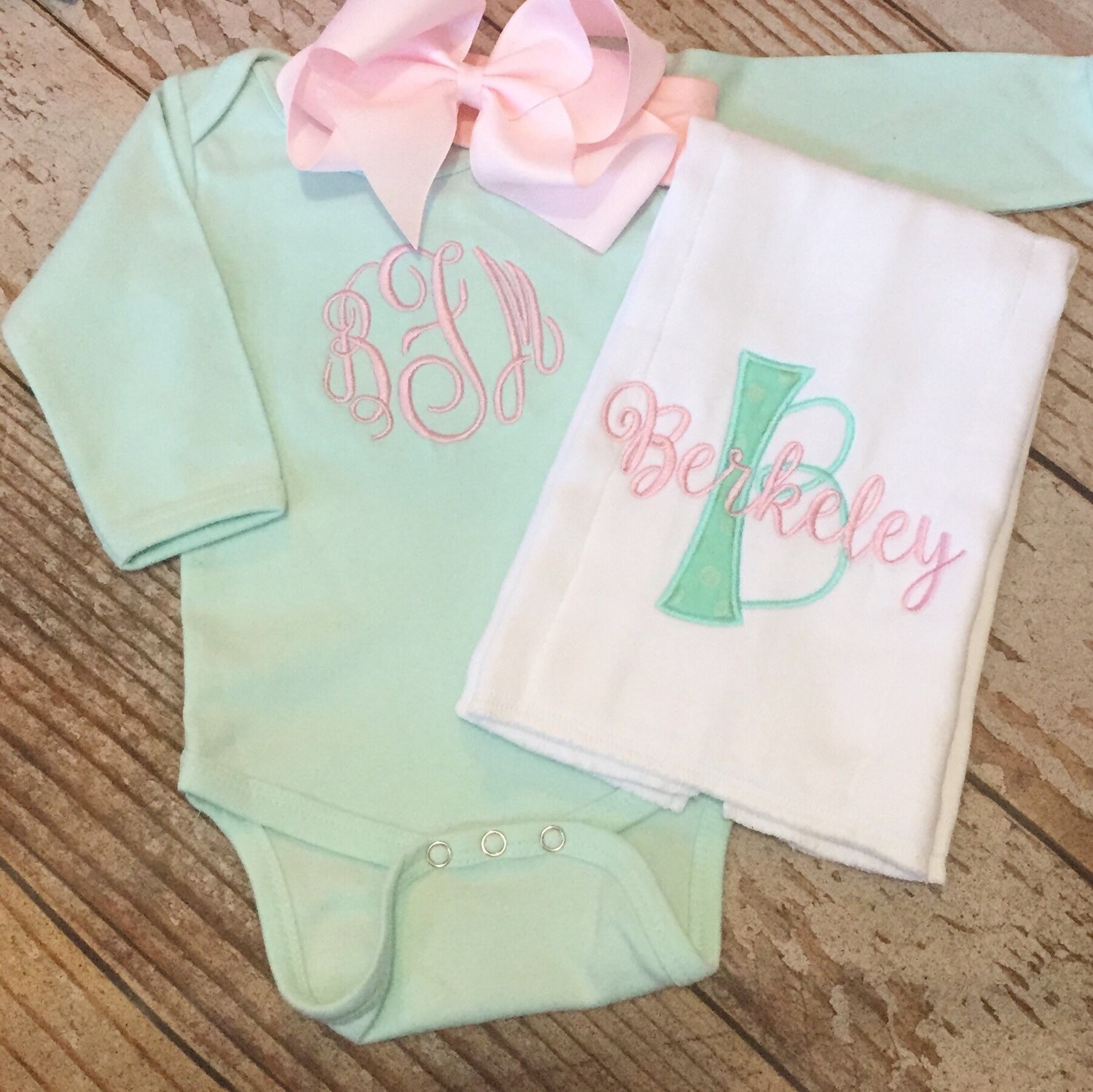 Monogrammed baby girl coming home outfit bodysuit bow burp