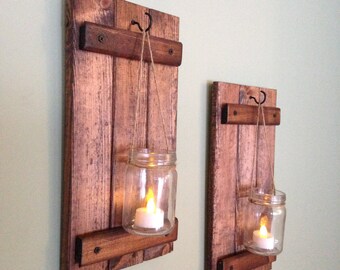 Rustic Wall Decor, Wooden Candle Holder, Rustic Mason Jar Decor, Wall sconce, Wooden Rustic Decor, Rustic Wall Decor, Mason Jar,Set of 2
