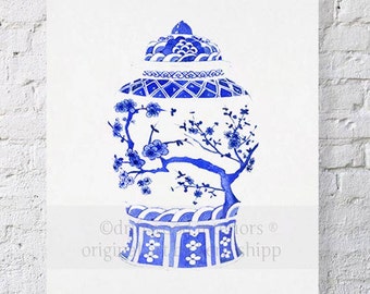 Chinois Ginger Jar in Ming Blue Print 11x14 - Chinoiserie Wall Art - Blue and White Art Print - Vintage Ginger Jar Wall Art