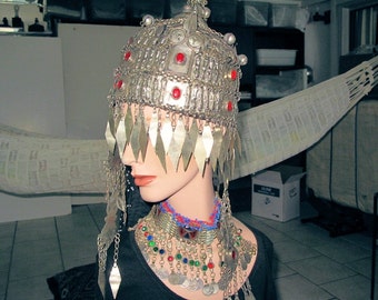 Turkoman Headdress, Ceremonial Hat, Metalwork Tassels, Pigtail, with Equally Ornate Choker Necklace