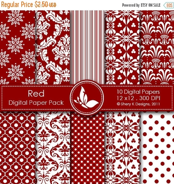 50% off Red Paper Pack - 10 Printable Digital papers - 12 x12 - 300 DPI