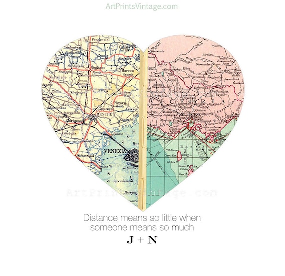 Long Distance Relationship Map Heart Print Unique Gift for