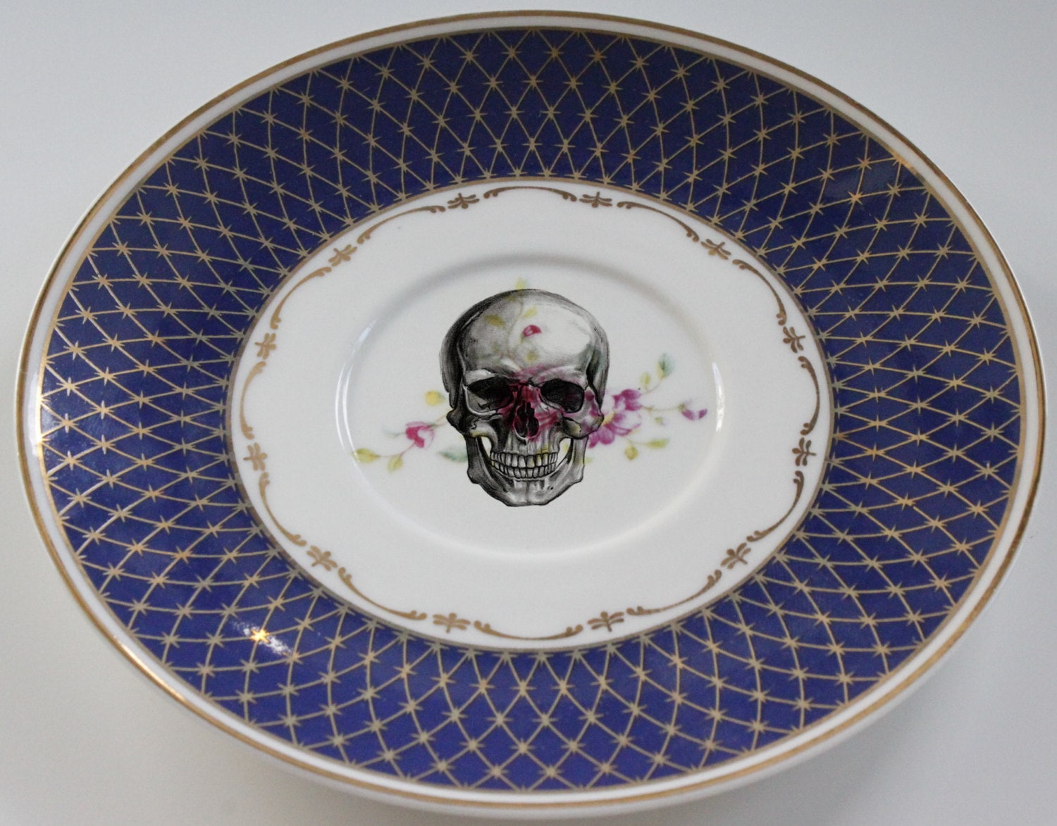 Blue Floral Gold Skull or CUSTOM Teacup & Saucer Tea Set