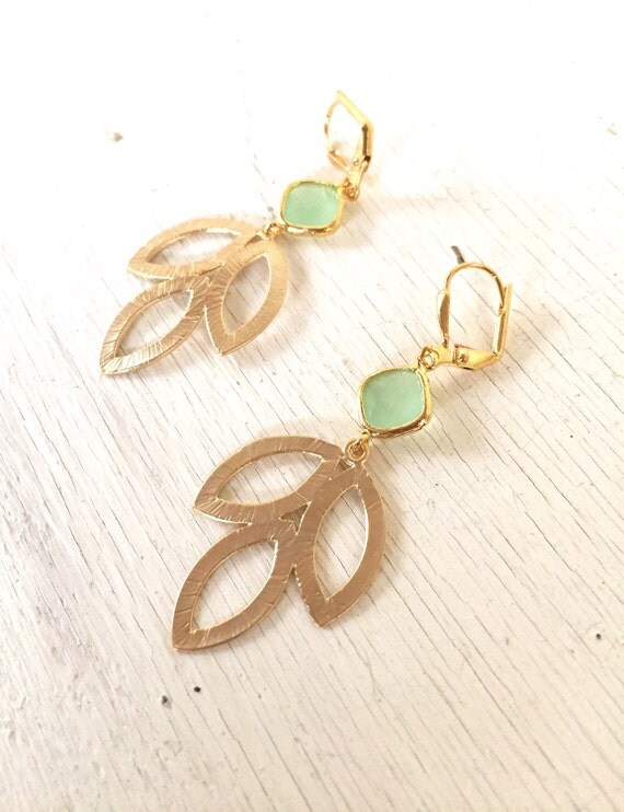 Mint Dangle Earrings in Gold. Mint Leaf Drop Earrings. Mint