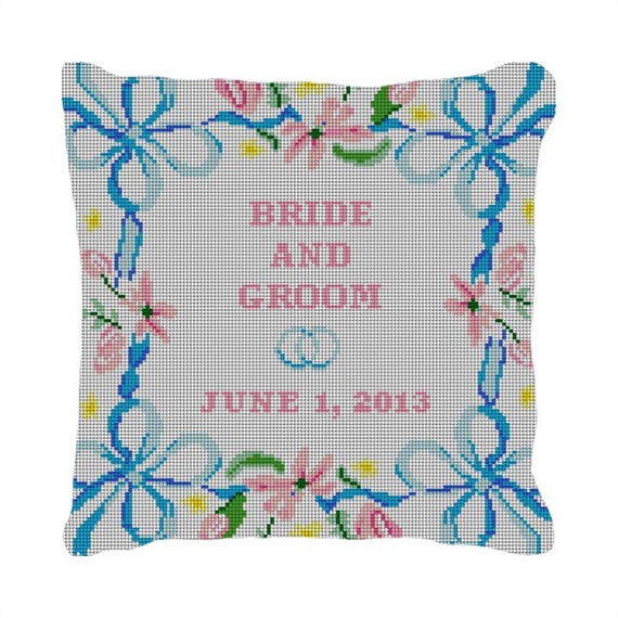 Spring Ribbon Custom Needlepoint Wedding Ring Bearer Pillow