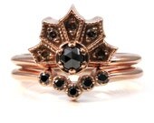 Gothic Engagement Ring Set - Millgrained Crown Ring with Black and Champagne Diamonds in 14k Rose Gold