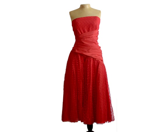 Midi Length Red Polka Dot Tulle 80s Prom Dress by ModernGhostBK