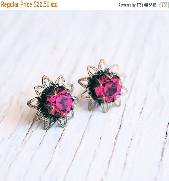 25 OFF SUMMER SALE Fuchsia Pink Flower Stud Earrings by MASHUGANA