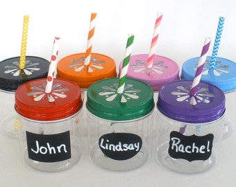 Plastic Mason Jars 8oz w/ “FREE" Chalkboard Labels / Kids Cups / 20 Plastic Jars, 20 Daisy Cut Jar Lids & 20 Labels / Kids Party