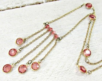 Vintage SWAROVSKI Crystal Necklace, Bezel Set Pink Crystal Necklace, Gold Chain Tassel Necklace, Crystal Drop Necklace, 1980 Vintage Jewelry