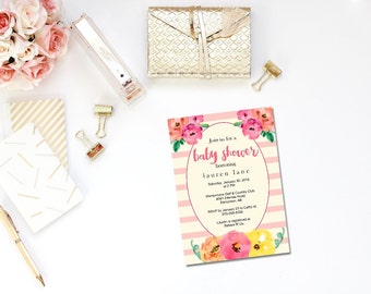 Printable pink striped baby shower invitation / Spade inspired baby shower / striped baby invite / Kate baby invite / flower invite