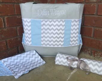 Baby Blue and Grey Chevron Diaper Bag Set