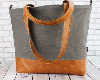 Extra Large Lulu Tote Overnight Diaper Bag Charcoal Linen and PU Leather - Beach Dance Travel Bag 7 pockets Washable Side Rings