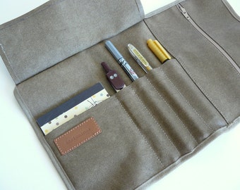 Teacher gift - Roll up pencil case -Waxed/resined canvas khaki roll up // adults pencil case/gift for him/ gift for her