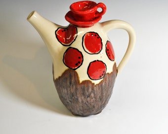 Handmade Ceramic Teapot, Red Polka Dot Teapot, Wheel thrown teapot