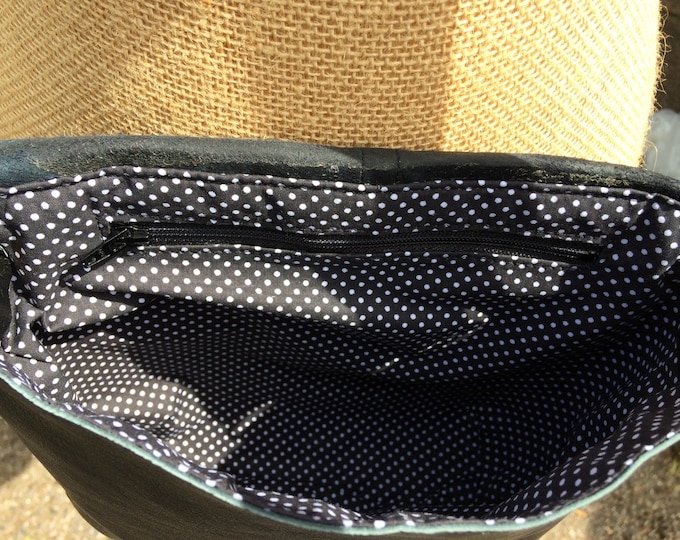 Recycled leather bag- black soft leather - a crossbody - purse/handbag - adjustable strap.