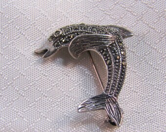 c1980's Sterling Marcasite Studded Dolphin Brooch