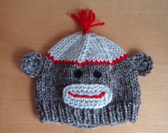 Sock Monkey Hat for Newborn Babies, Infants and Toddlers, Knit Crochet Sock Monkey Beanie