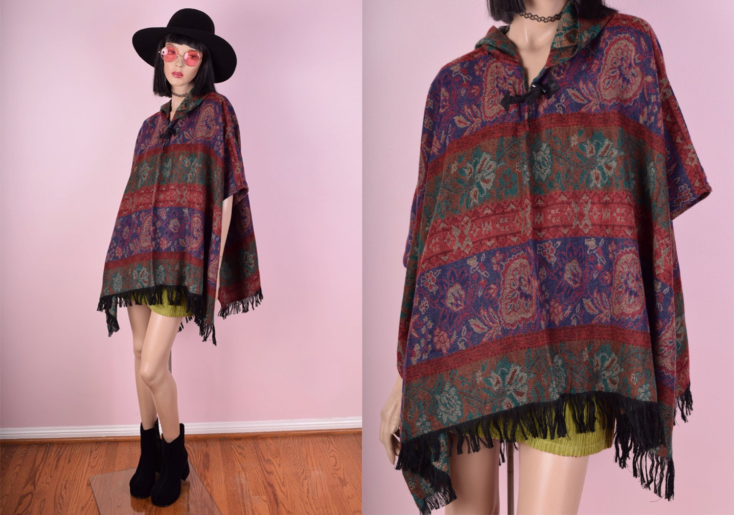 90s Hooded Fringe Poncho