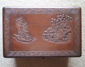Carved Box, Vintage 1952, Handmade Hand Carved Sailing Ship, Docks, Decorative Storage Trinket Keepsake Display Asian Motif Carved Box, Vintage 1952, Handmade Hand Carved Sailing Ship, Docks, Decorative Storage Trinket Keepsake Display Asian Motif