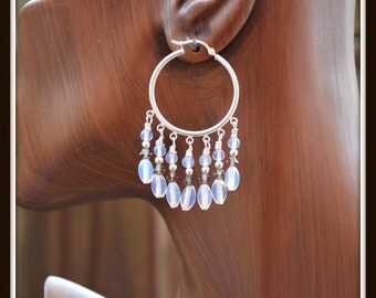 Opalite Chandeliers, Opalite Hoop Earrings, Sea Opal Chandeliers, Opalite Chandelier Earrings, Glowing Opalite Earrings, Milky Bead Earrings