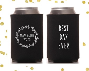 Wedding Can Coolers | Best Day Ever Rustic Wedding | Personalized for Bride and Groom with Wedding Date | FREE Standard Shipping