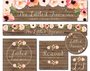 Premade Etsy Banner and Avatar + Sticker Set for Small Crafty Boutiques Vintage Wood with Hand Painted Watercolor Flowers Shabby Chic